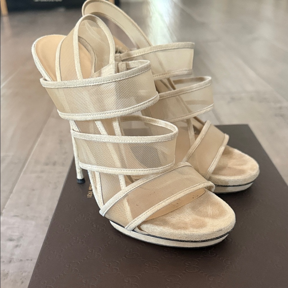 Gucci Beige Mesh Strappy Heels